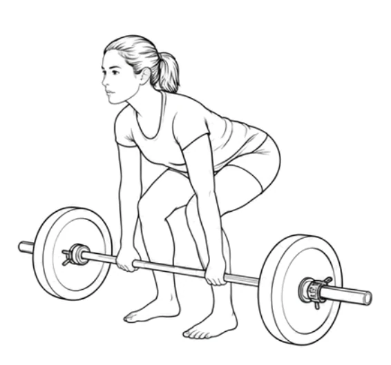 Deadlift – Stand with your feet hip-width apart and the bar over the middle of your feet, close to your shins. Push your hips back, bend your knees and grasp the bar with an overhand grip just outside your legs. Keep your arms straight and your back neutral, brace your trunk and look slightly forward and down.