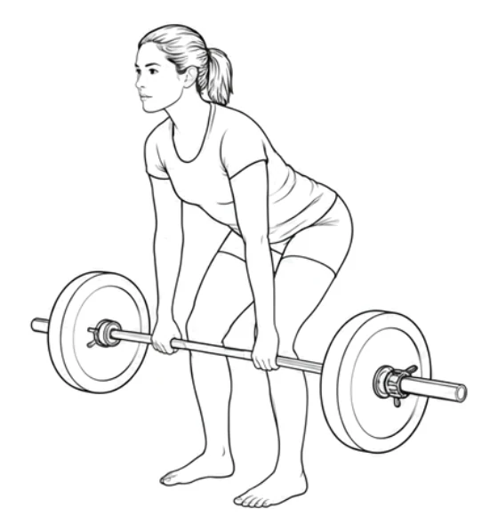 Deadlift – Push your feet into the floor and extend your hips and knees together to lift the bar to just below your knees. Keep the bar close to your legs with your arms still straight.