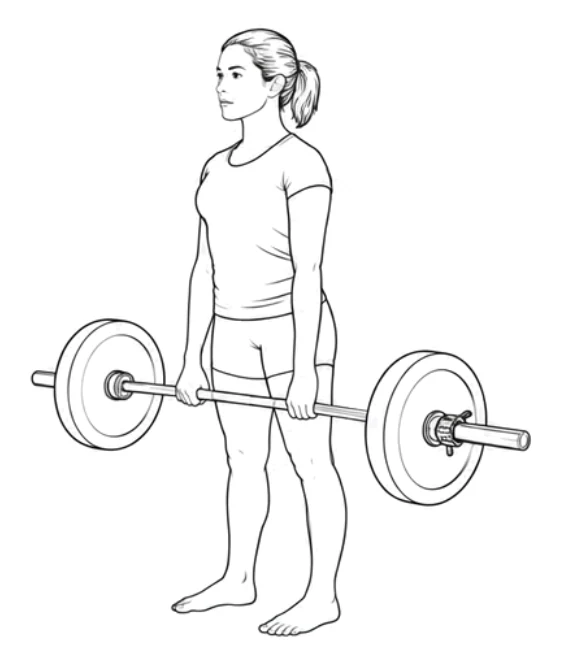 Deadlift – Continue until you stand upright with the bar close to your thighs, without leaning backward. Then push your hips back and bend your knees to lower the bar close to your legs until the plates rest on the floor again.