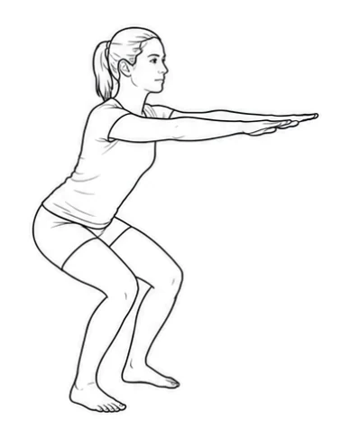 Bodyweight squat – Move your hips back and bend into a half squat while lifting your arms to shoulder height. Keep your heels down and knees over your feet. Stand up again and lower your arms.
