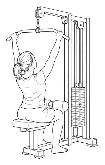 Lat pulldown – Sit on the pad facing the weight stack with both feet on the floor and your thighs under the supports. Hold the bar with a grip slightly wider than shoulder width. Extend your arms overhead and keep your trunk upright.