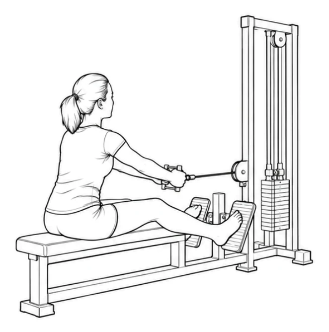 Seated cable row – Sit on the pad with one foot on each footplate and your knees slightly bent. Hold the handle with both hands, extend your arms forward, and lean your upper body slightly forward.