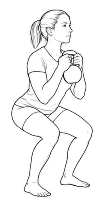 Goblet squat – Move your hips back and bend your knees into a half squat. Keep your heels down, follow your feet with your knees, and use the close weight for balance. Stand up evenly without changing your grip.