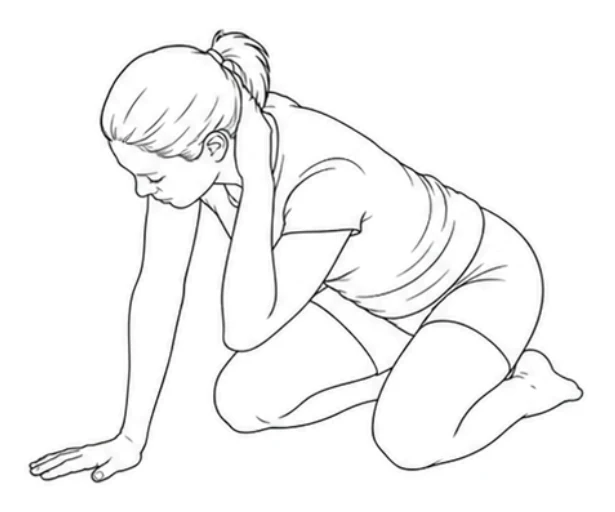 Kneeling thoracic rotation – Sit close to your heels with your knees wide and feet together. Place your left hand on the floor and right hand behind your head. Point your right elbow down and look toward it.
