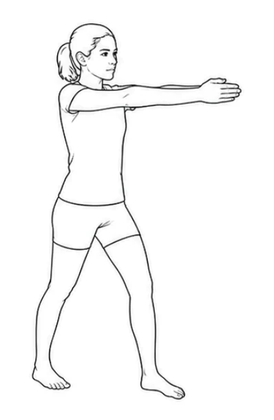Bow and arrow with head turn – Stand steadily with one foot slightly in front of the other. Keep both feet on the floor. Extend your arms forward at shoulder height with your hands close together.