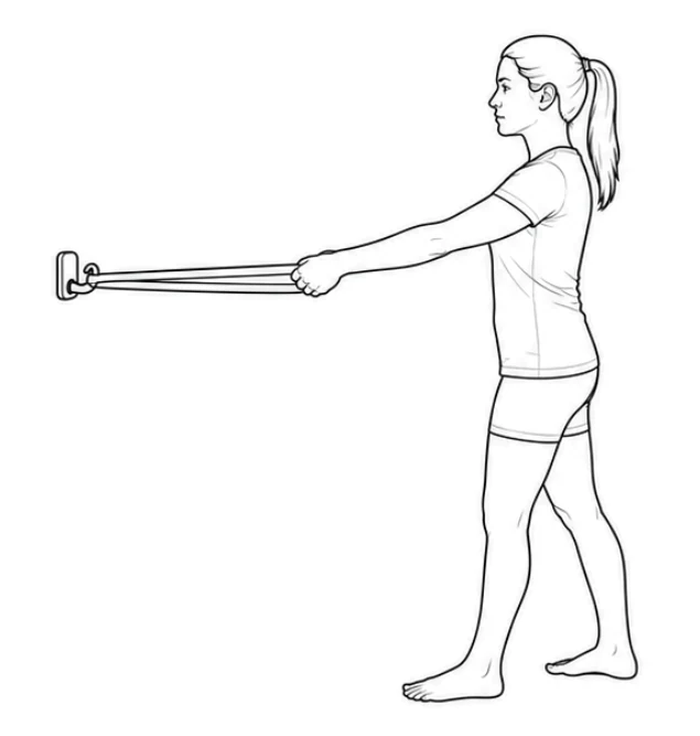 Resistance-band row – Stand in a small staggered stance facing the band attachment. Hold the band with both hands and extend your arms forward at lower-chest height.