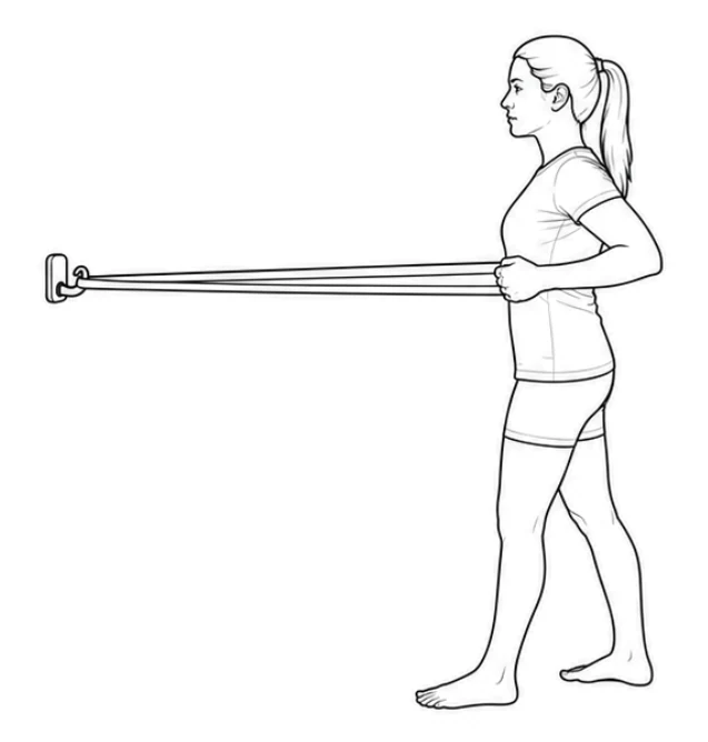 Resistance-band row – Pull your elbows backward close to your sides until your hands reach your lower ribs. Keep your upper body upright and your shoulders down. Extend your arms forward slowly to return to the starting position.