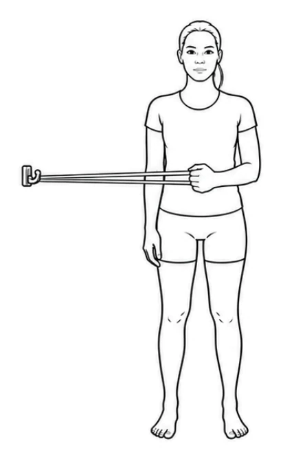 Band shoulder external rotation – Stand upright and attach the elastic band at elbow height. Bend your elbow to about 90 degrees and keep it close to your body. Hold your forearm diagonally inward across your abdomen.