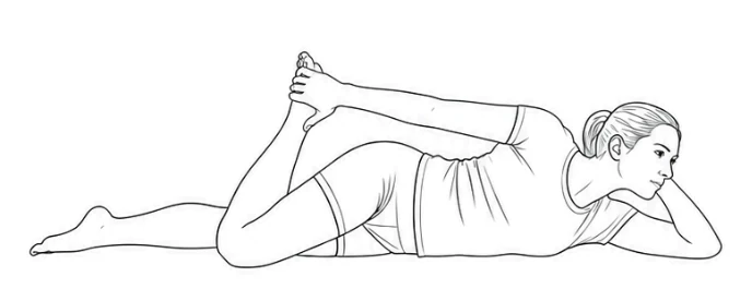 Side lying quadriceps stretch – Lie on your right side with your right leg straight and support your head with your right arm. Bend your left knee, hold your ankle with your left hand and draw your heel towards your buttock. Keep your shoulders and hips stacked, release slowly and repeat on the other side.