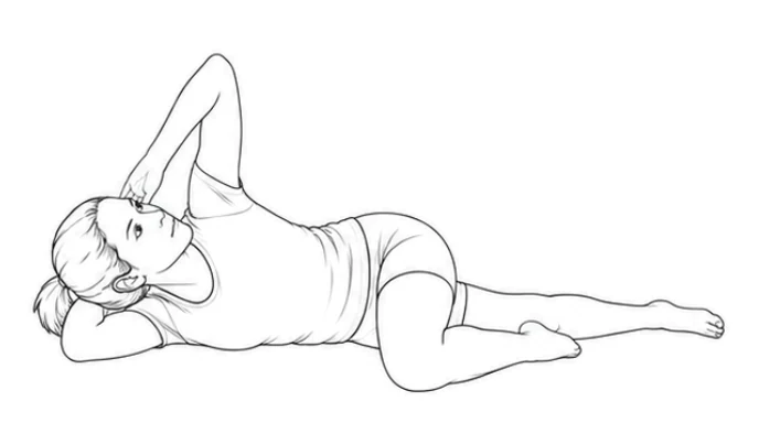 Side-lying trunk rotation – Move your left elbow upward and backward as you turn your upper body to the left. Keep your pelvis and legs in place. Pause at a comfortable end position, then slowly turn back until your elbows meet again. Perform the movement on the other side as prescribed.