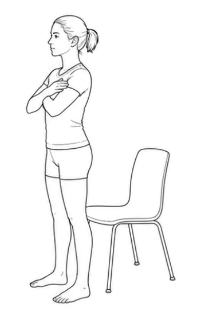 Sit-to-stand – Stand up tall in front of the chair with your arms crossed. Move your hips back and bend your knees as you sit again. Sit down slowly with your feet in the same place.