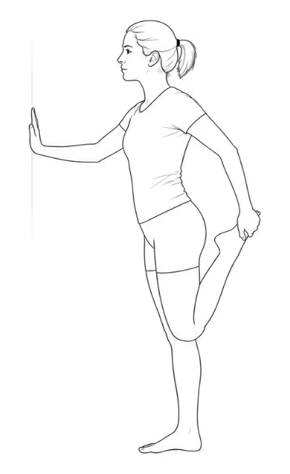 Standing quad stretch – Stand upright beside a wall and hold it with your left hand. Bend your right knee and hold your ankle with your right hand. Gently draw your heel towards your buttock, keep your knees close, then switch legs.
