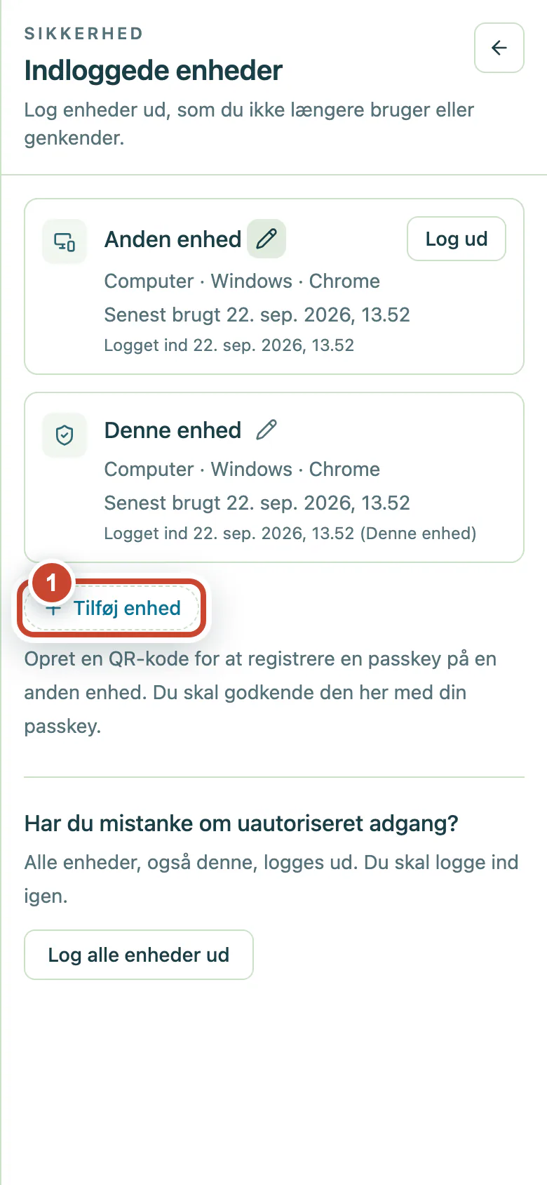 Siden Indloggede enheder med knappen Tilføj enhed markeret.