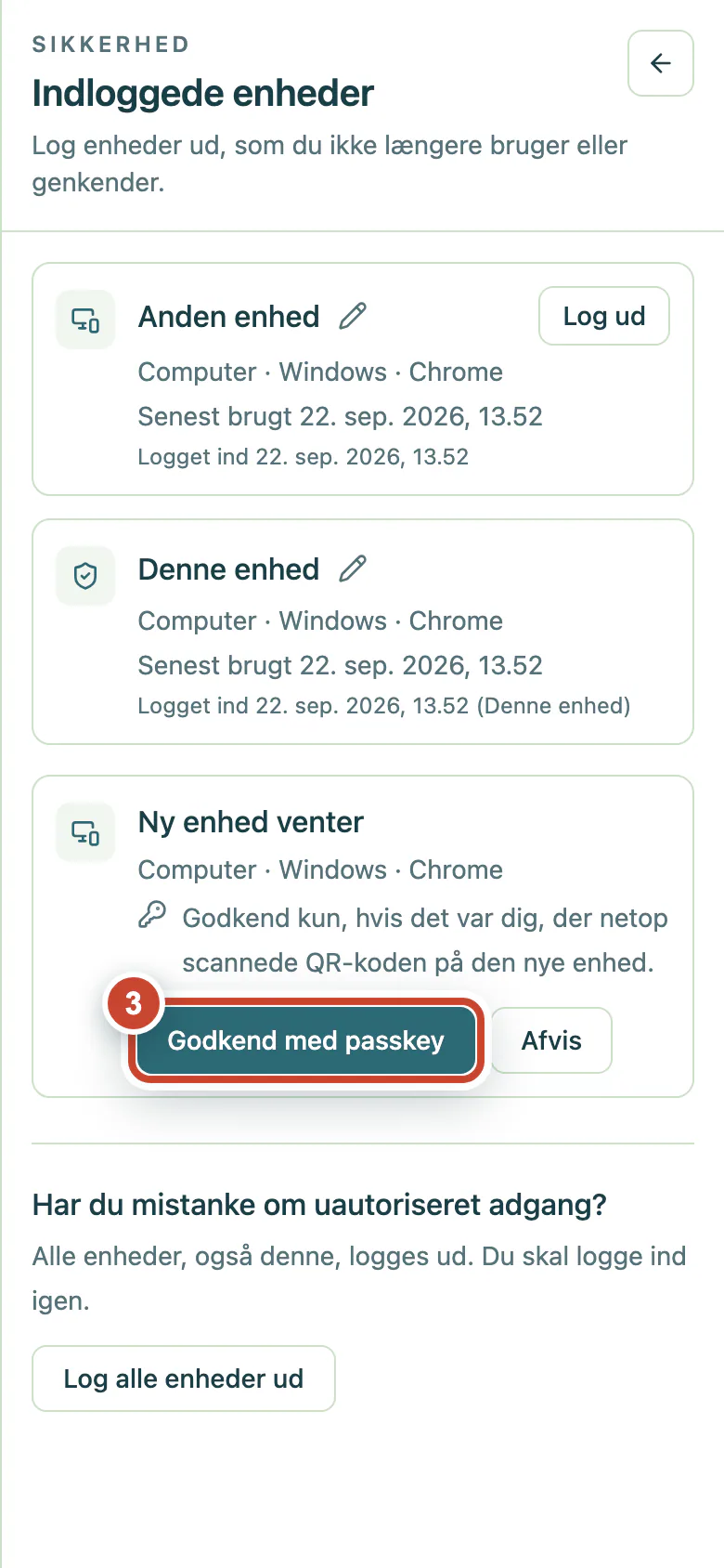 Anmodning om en ny enhed med knappen Godkend med passkey markeret.