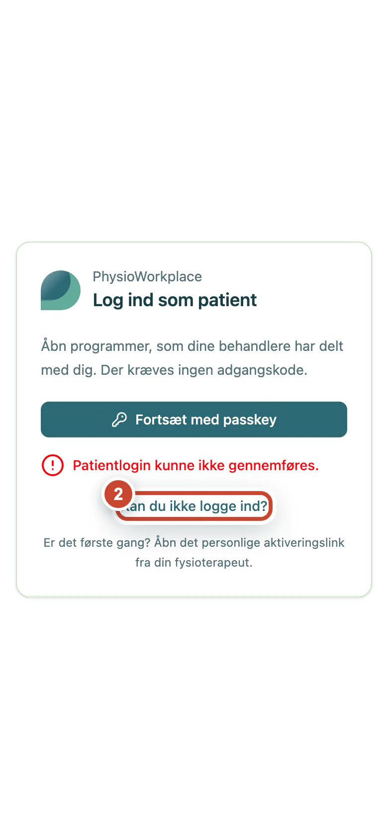 Mislykket patientlogin med linket Kan du ikke logge ind markeret.