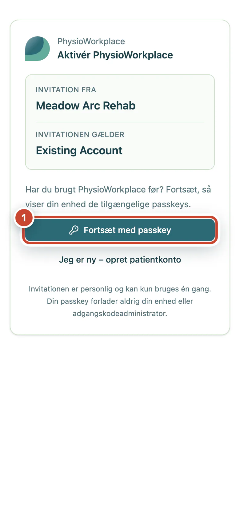 Patientinvitation med knappen Fortsæt med passkey fremhævet.