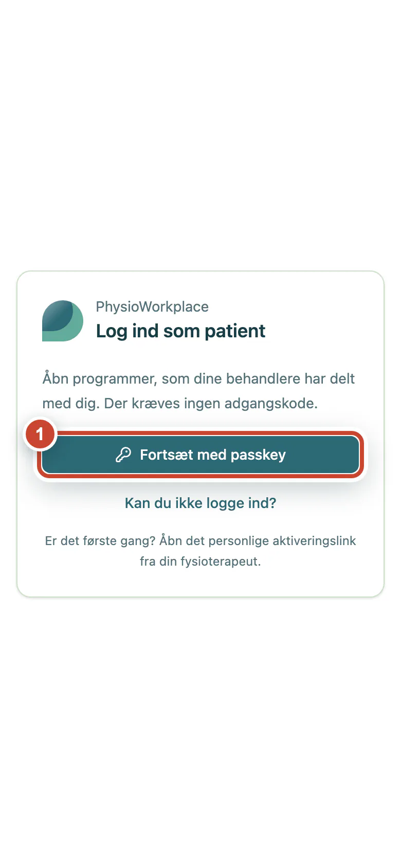 Patientlogin med knappen Fortsæt med passkey fremhævet.