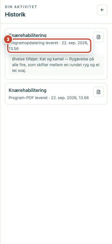 Leveringshistorikken med den seneste programopdatering.