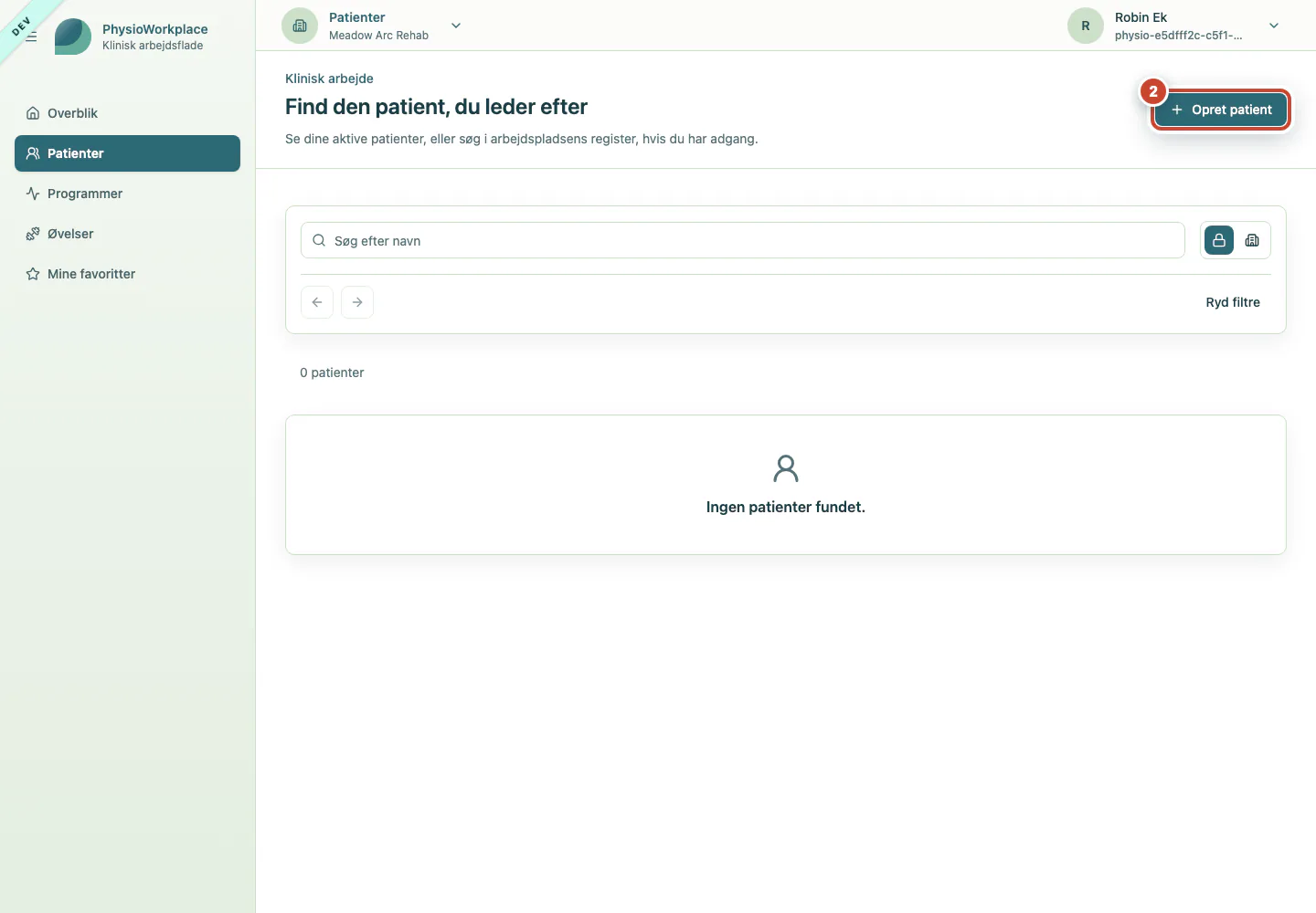 Patientregistret med knappen Opret patient markeret.