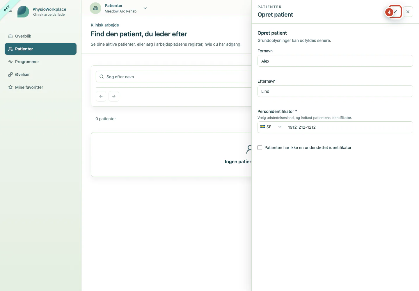Patientformularen med knappen Gem markeret.