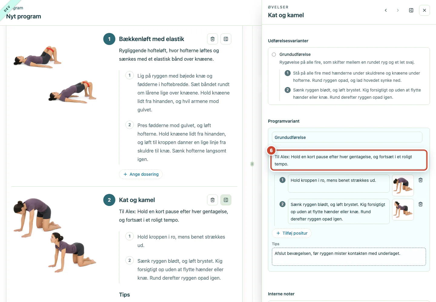 Programskabelonens variantredigering med tilpasset instruktion, positurinstruktion og tips.