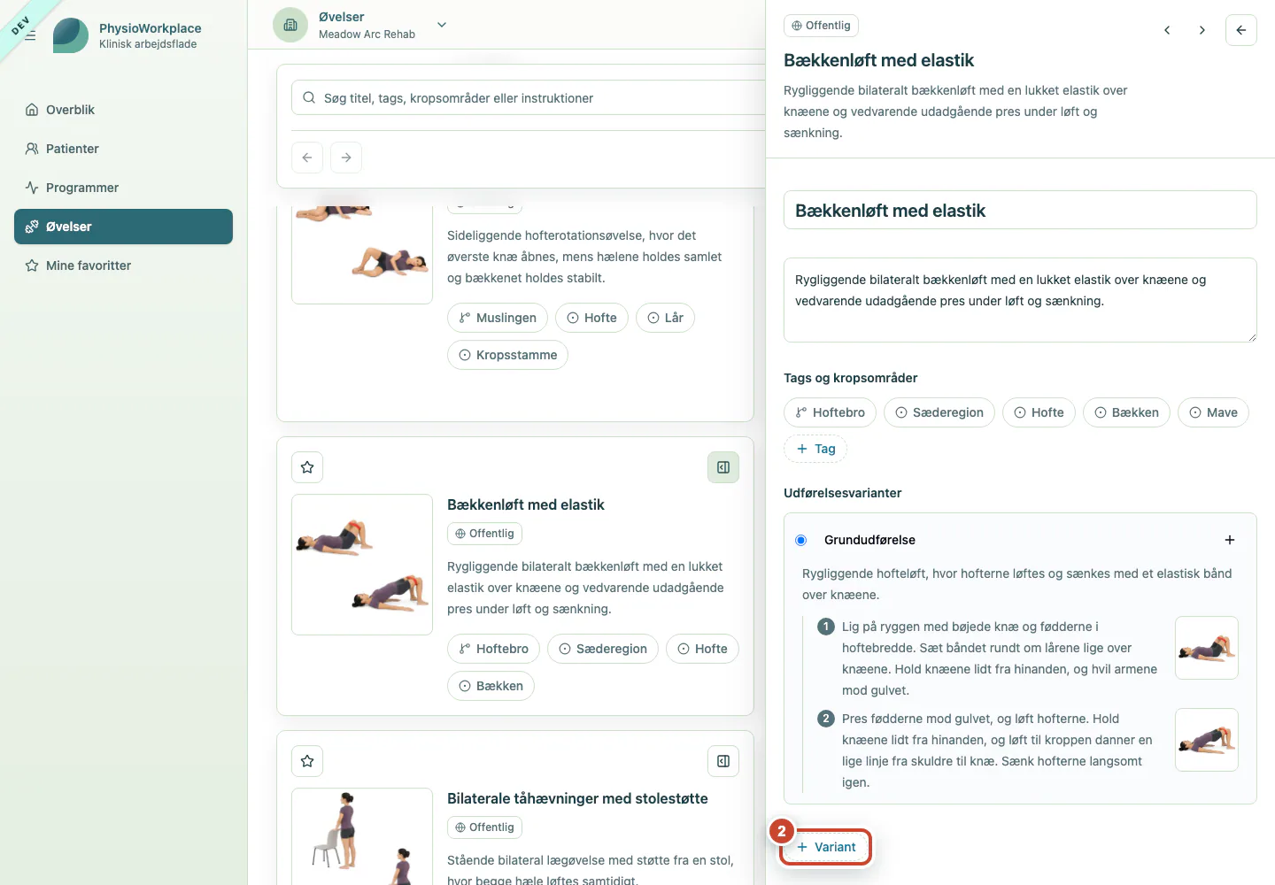 Øvelsespanelet med knappen Variant markeret.