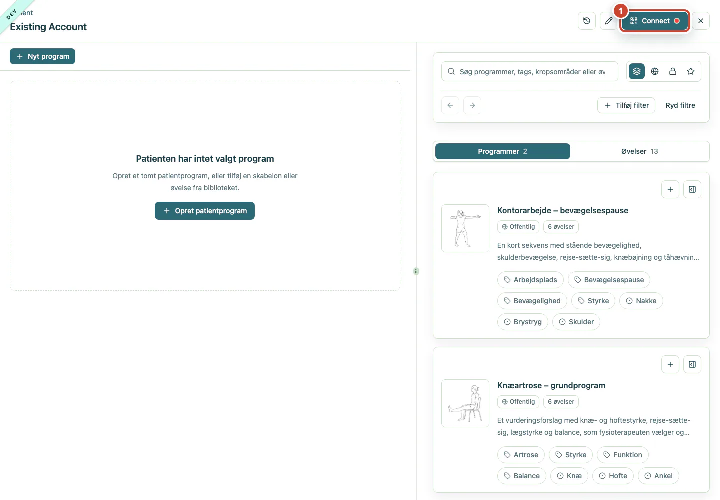 Patientens arbejdsområde med knappen Connect fremhævet.