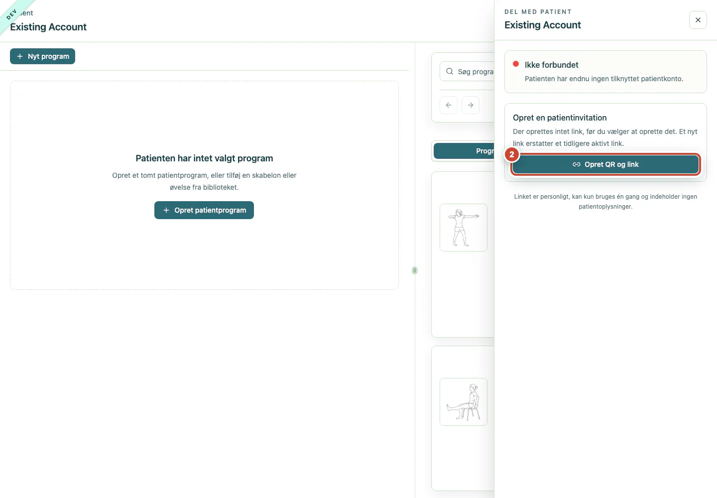 Connect-panelet med knappen Opret QR og link fremhævet.