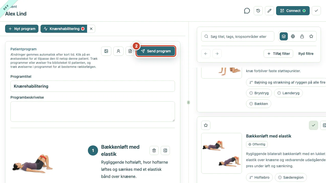 Programarbejdsområdet med knappen Send program markeret.