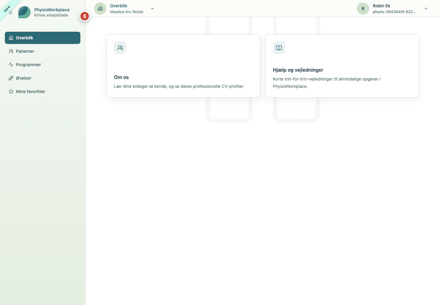 Overblikket, som vises efter et godkendt login.