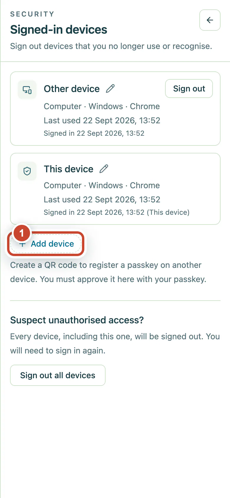 Signed-in devices page with the Add device button highlighted.