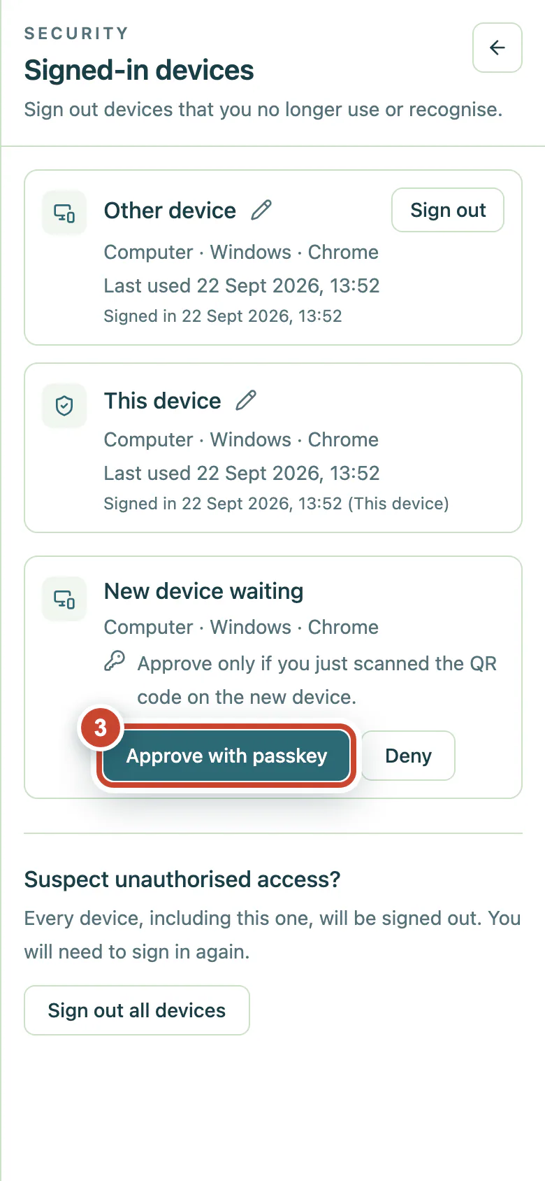 New device request with the Approve with passkey button highlighted.