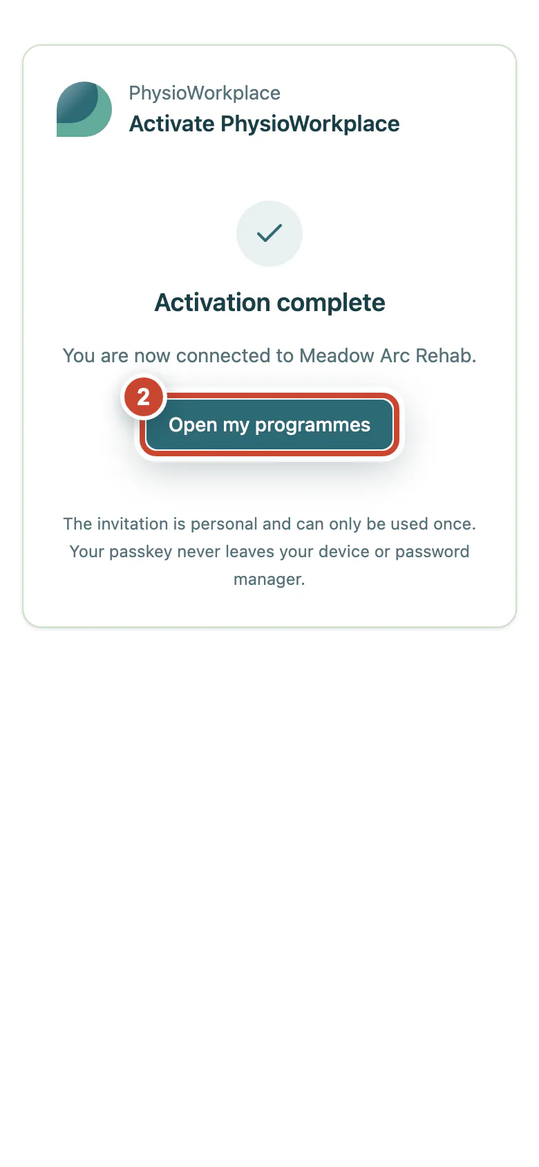 Completed activation confirmation with the Open my programmes link highlighted.