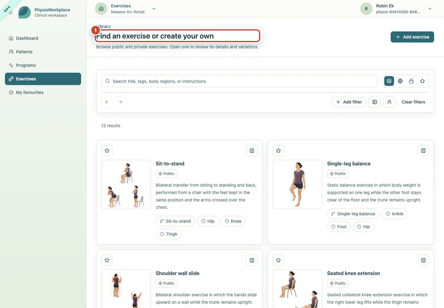 Exercise library with its heading highlighted.