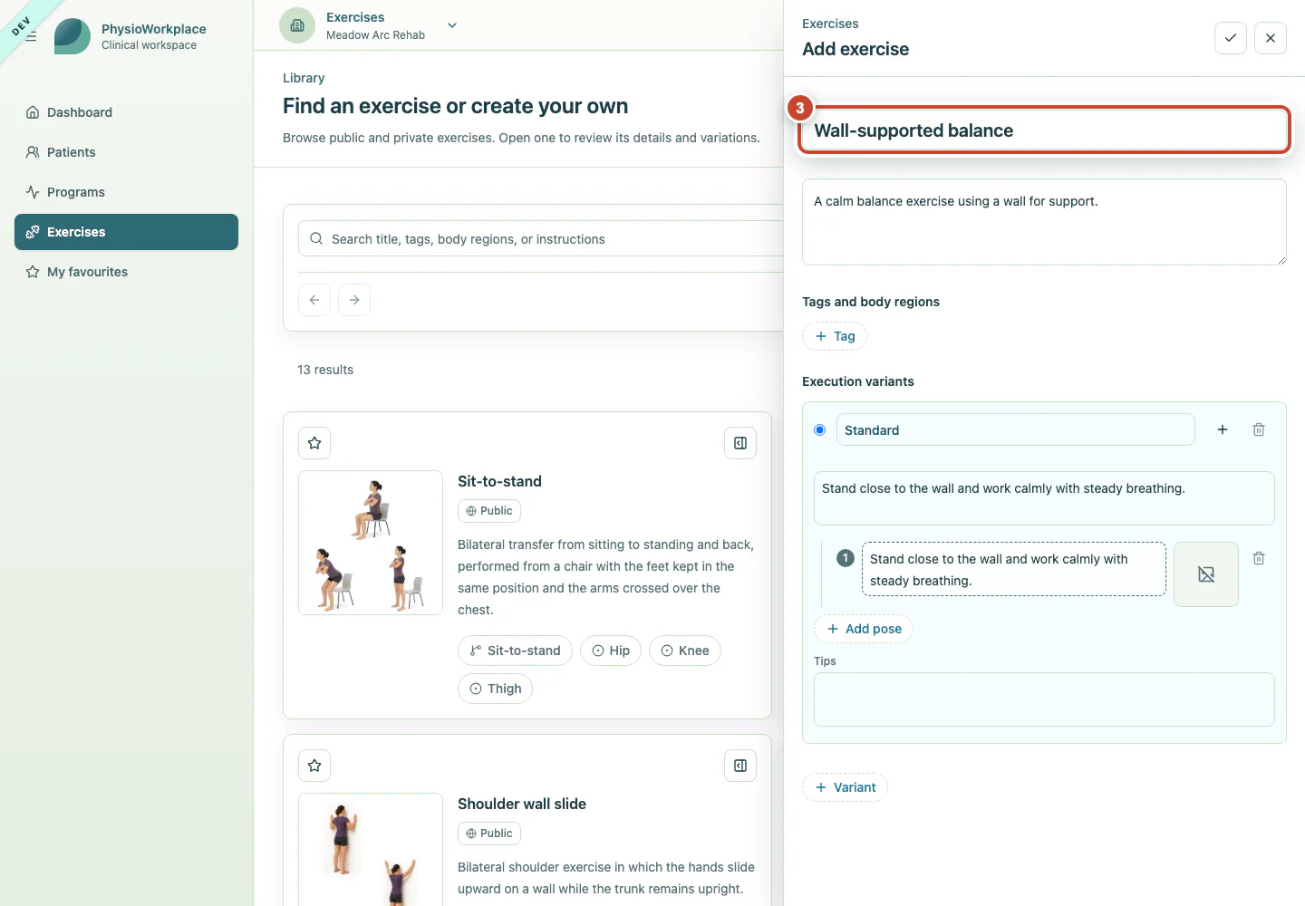 New exercise editor with title, summary, and instructions entered.