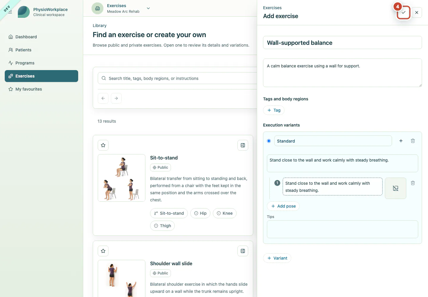 Exercise editor with the Save button highlighted.