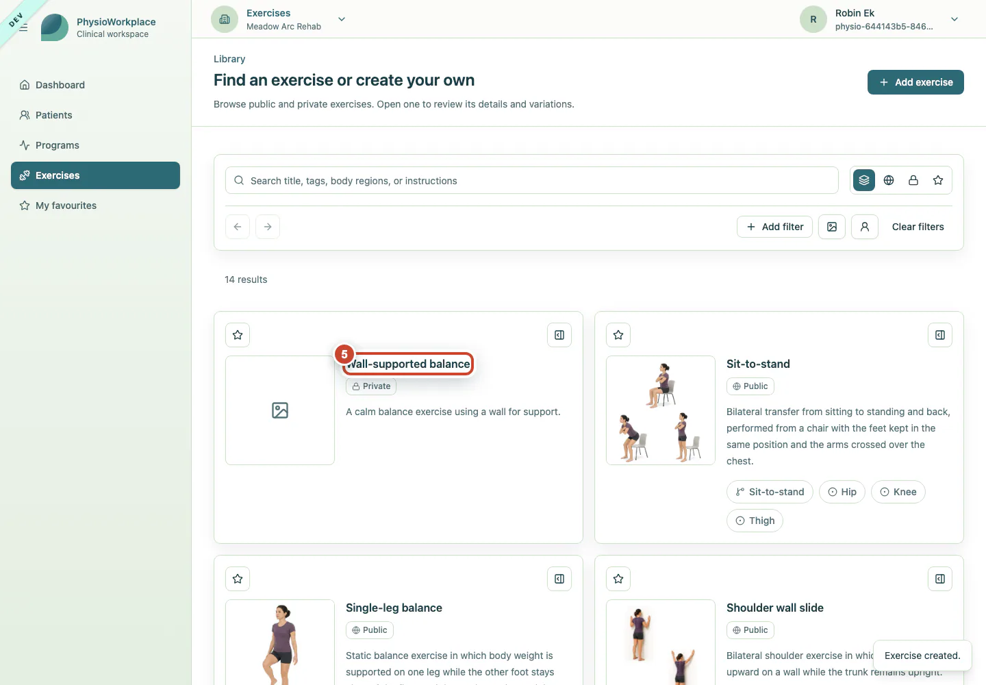 Exercise library with the new private exercise title highlighted.