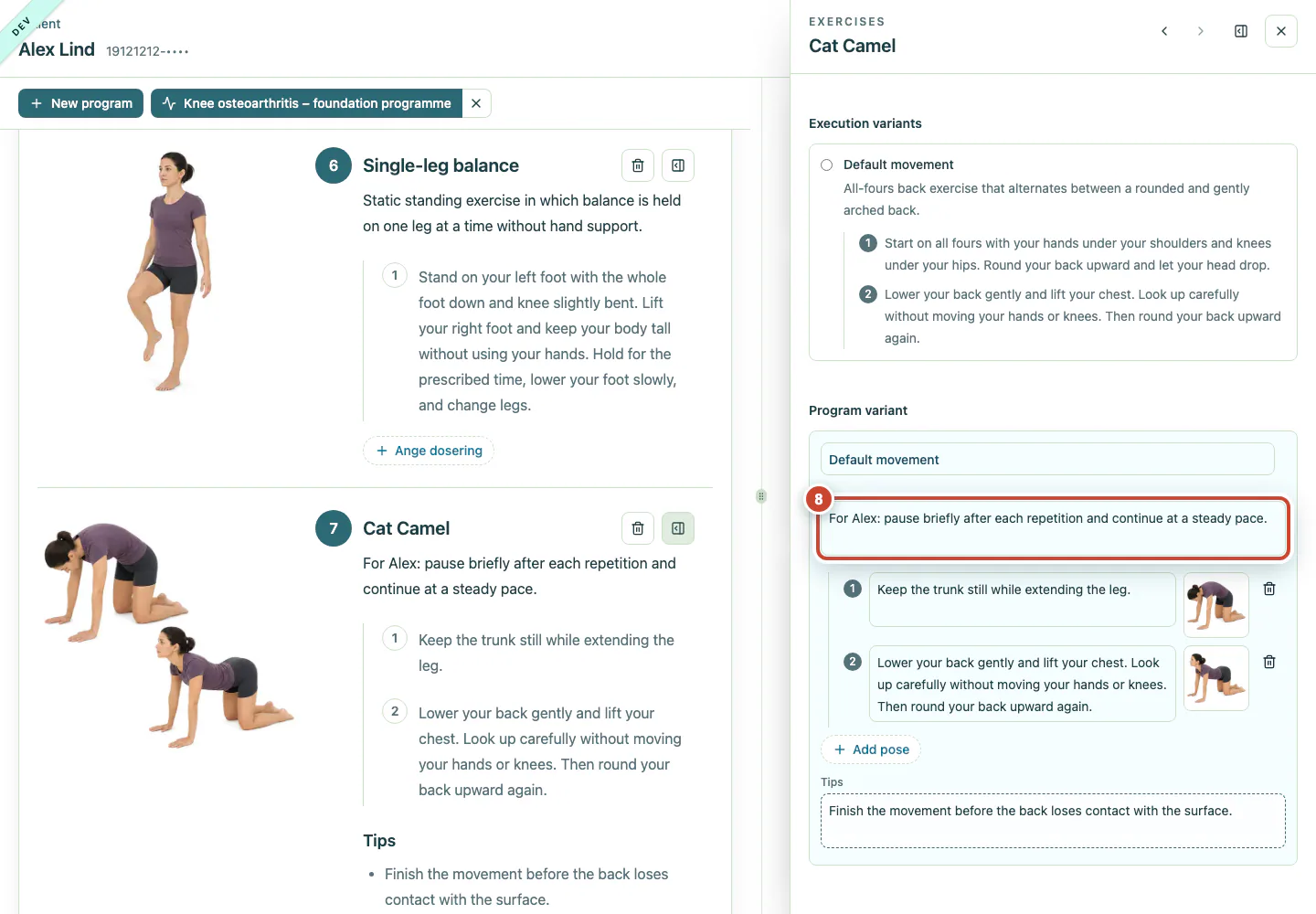 Patient programme with patient-specific instructions, pose instructions and tips being edited.