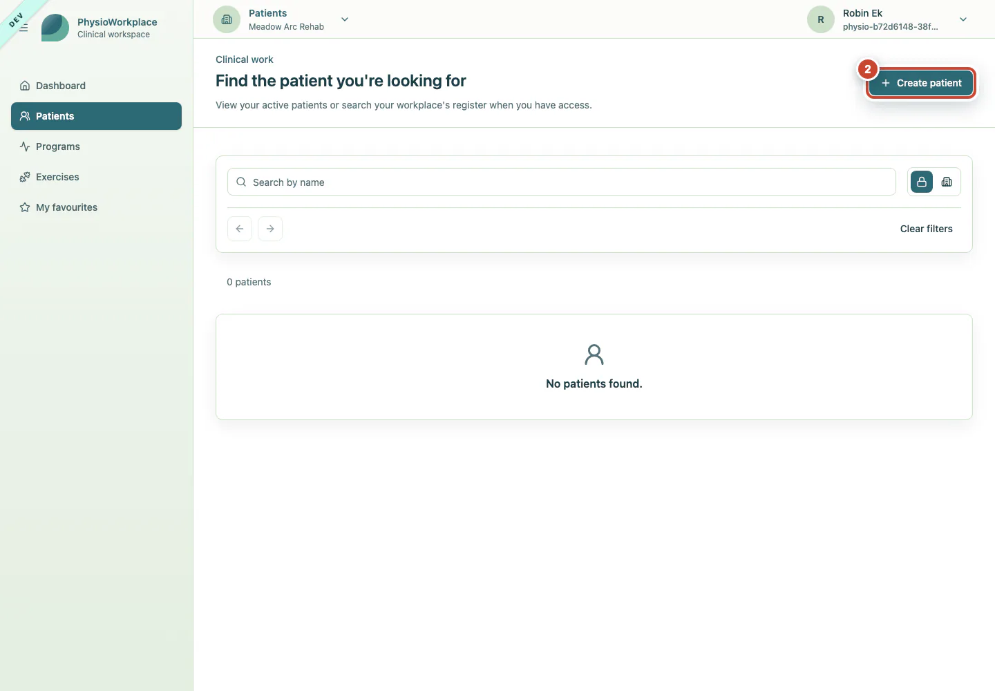 Patient register with the Create patient button highlighted.
