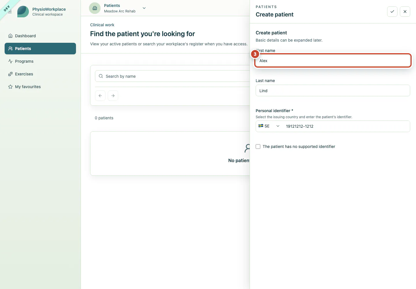 New patient form with the patient's name entered.