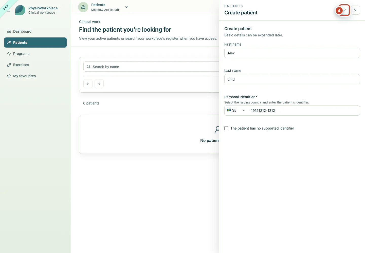 Patient form with the Save button highlighted.