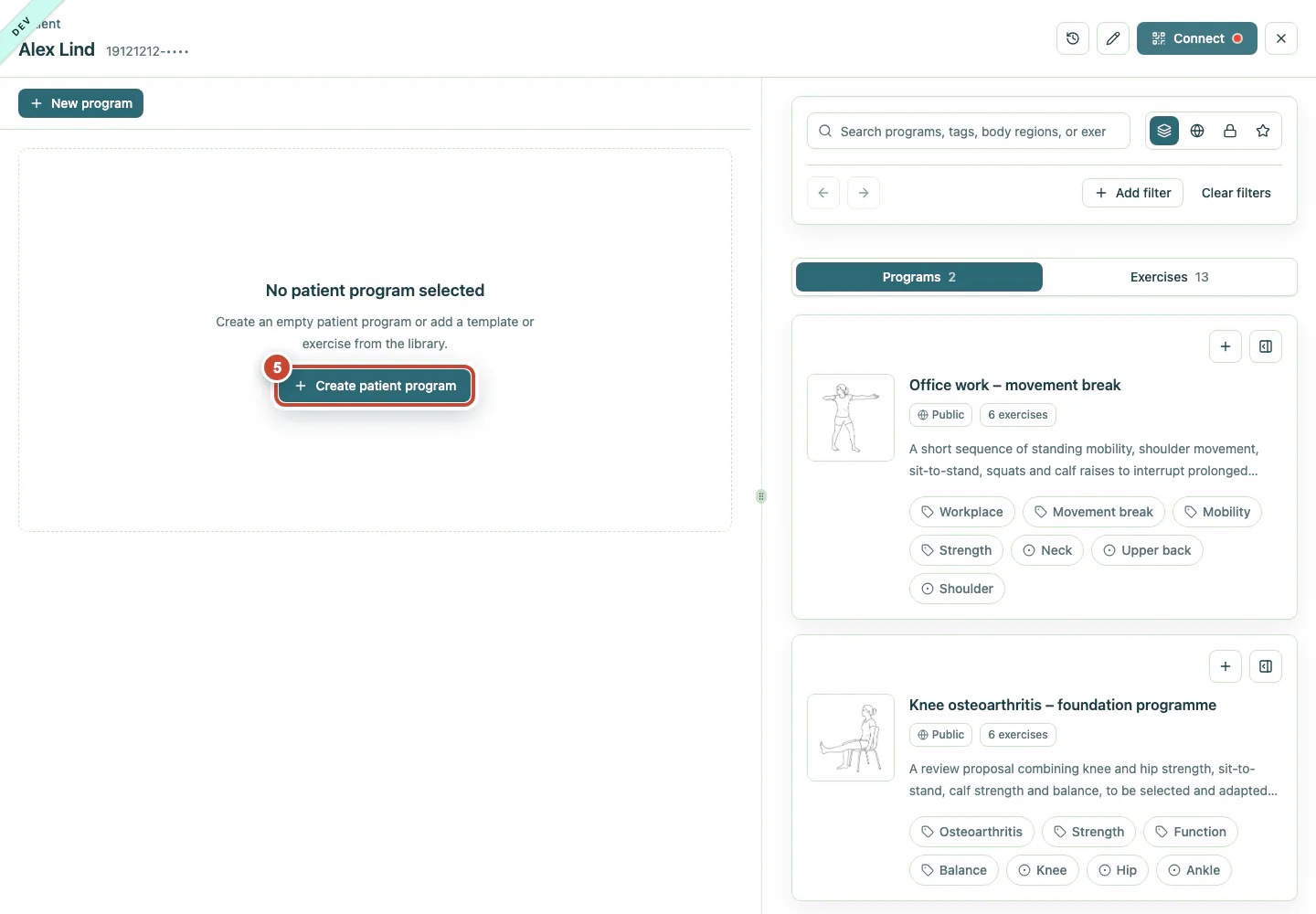 Saved patient page with the Create patient program button highlighted.