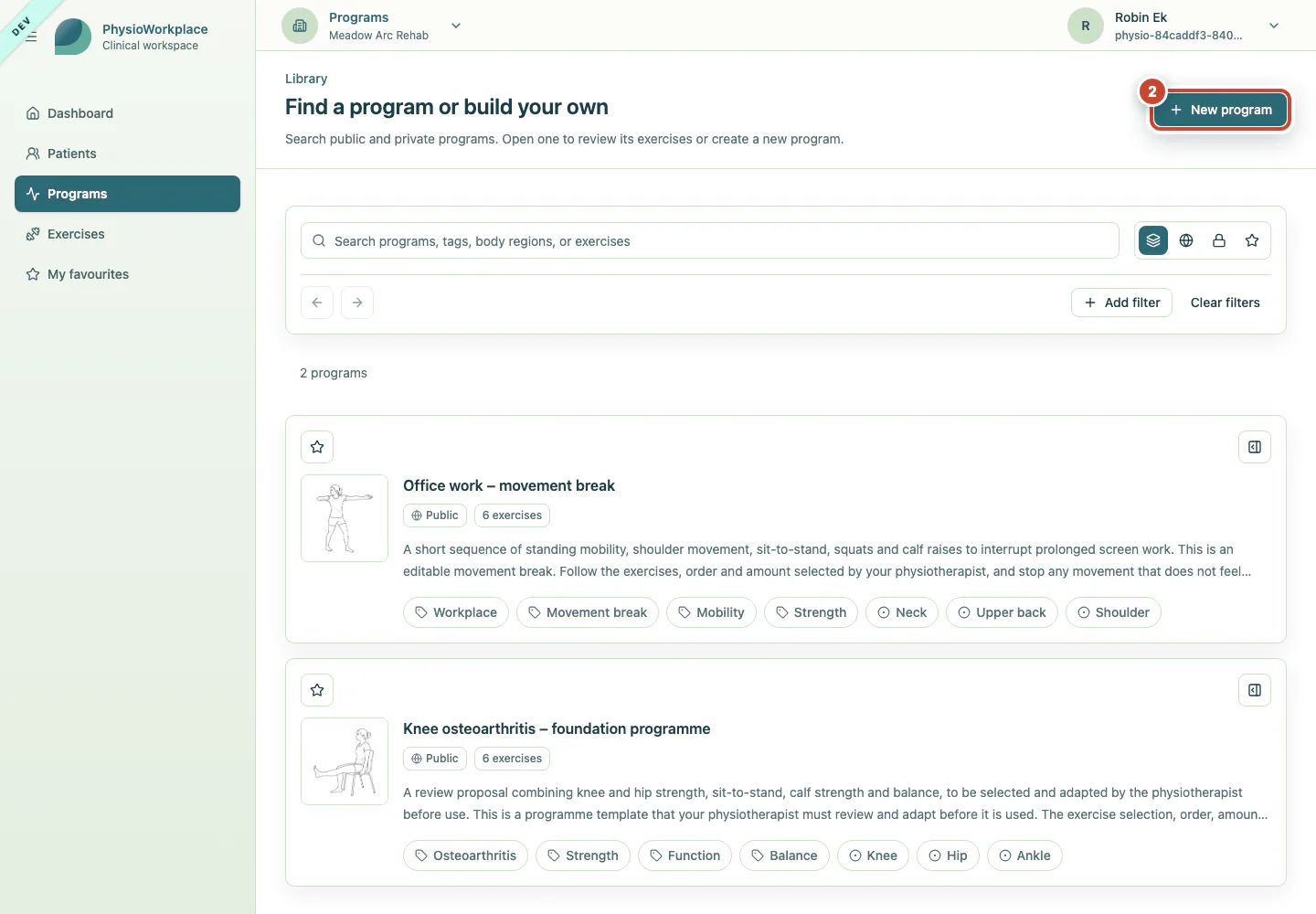 Programme library with the New program button highlighted.