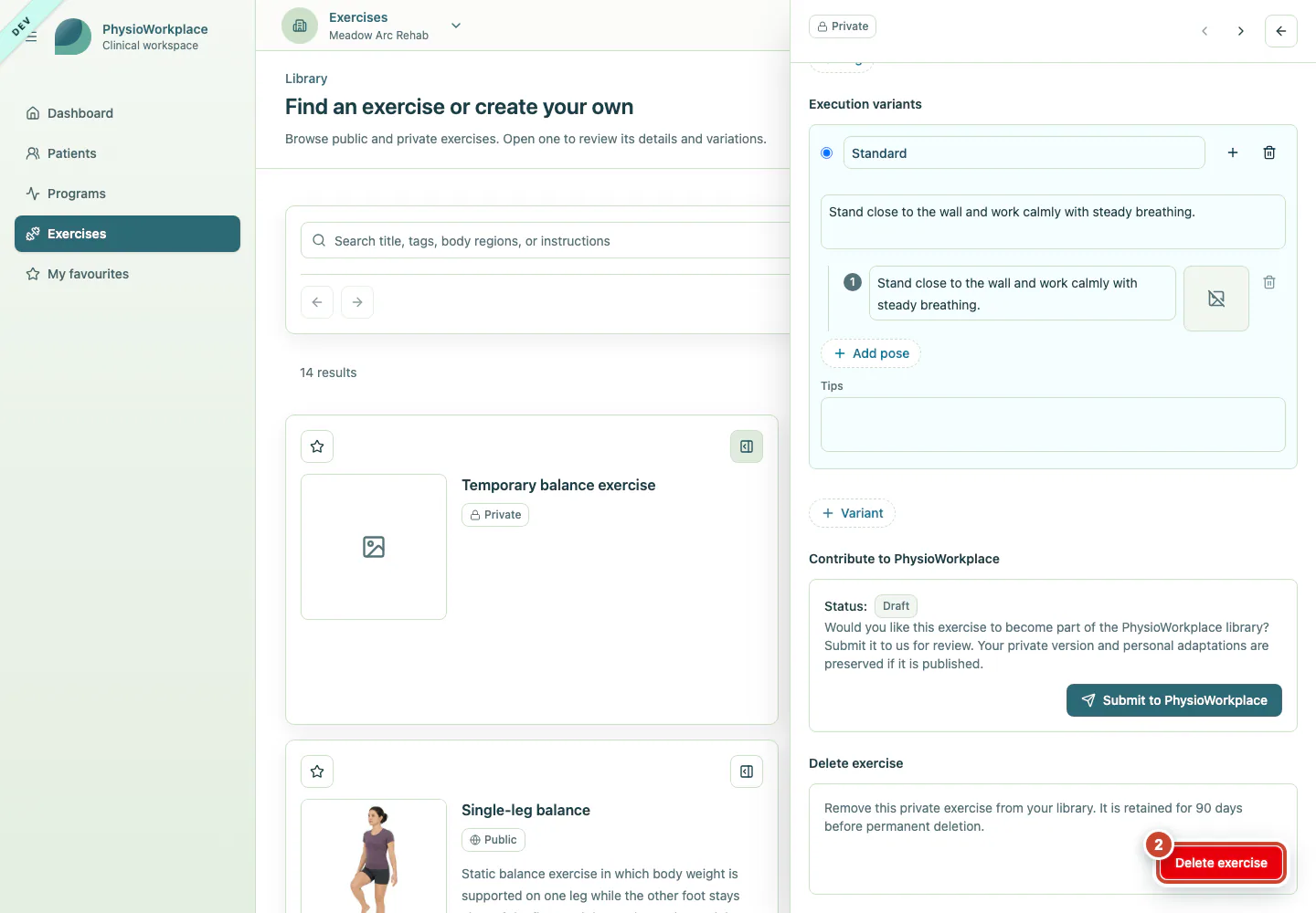 Exercise editor with the Delete exercise button highlighted.