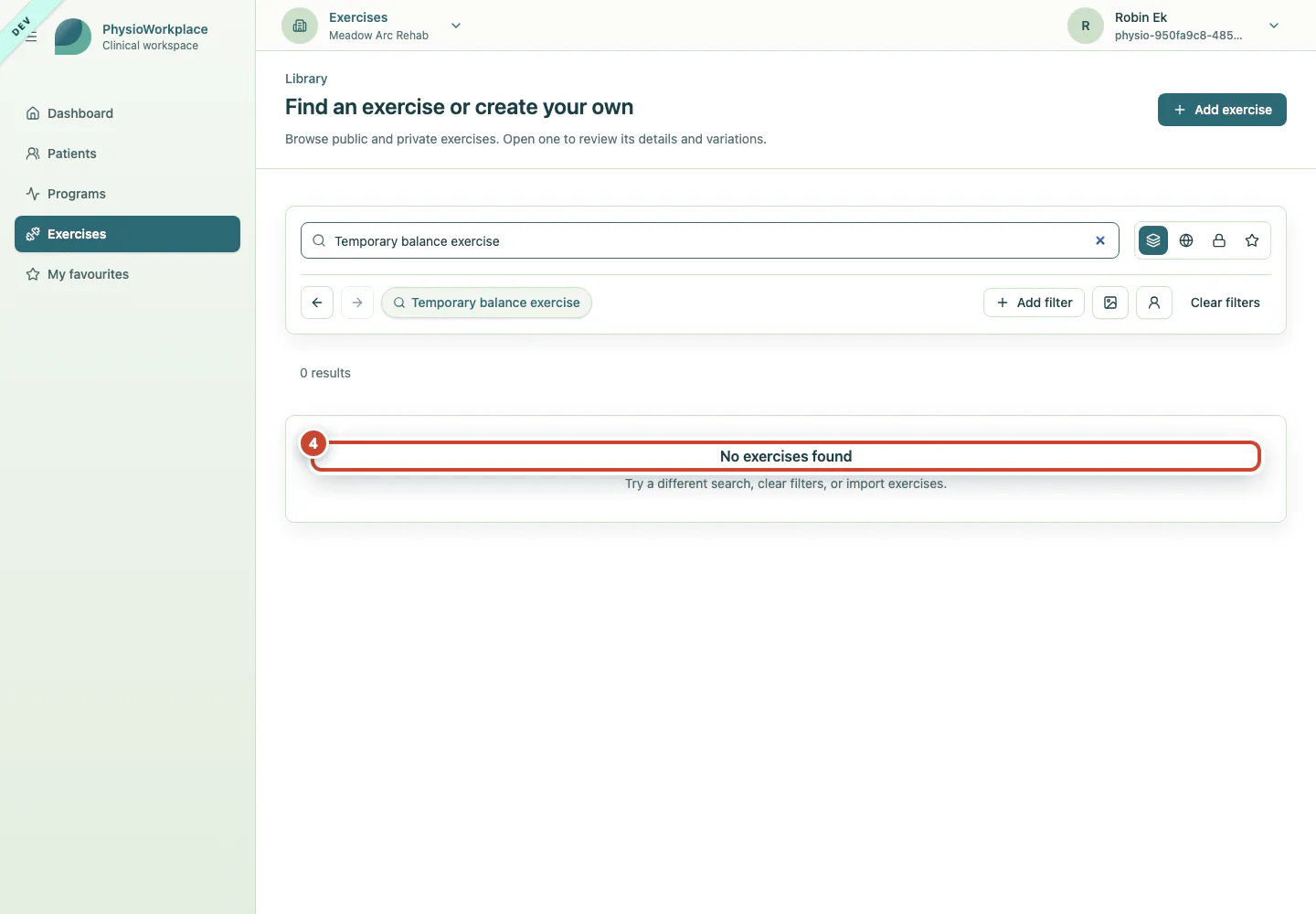 Exercise library with a search that returns no results.