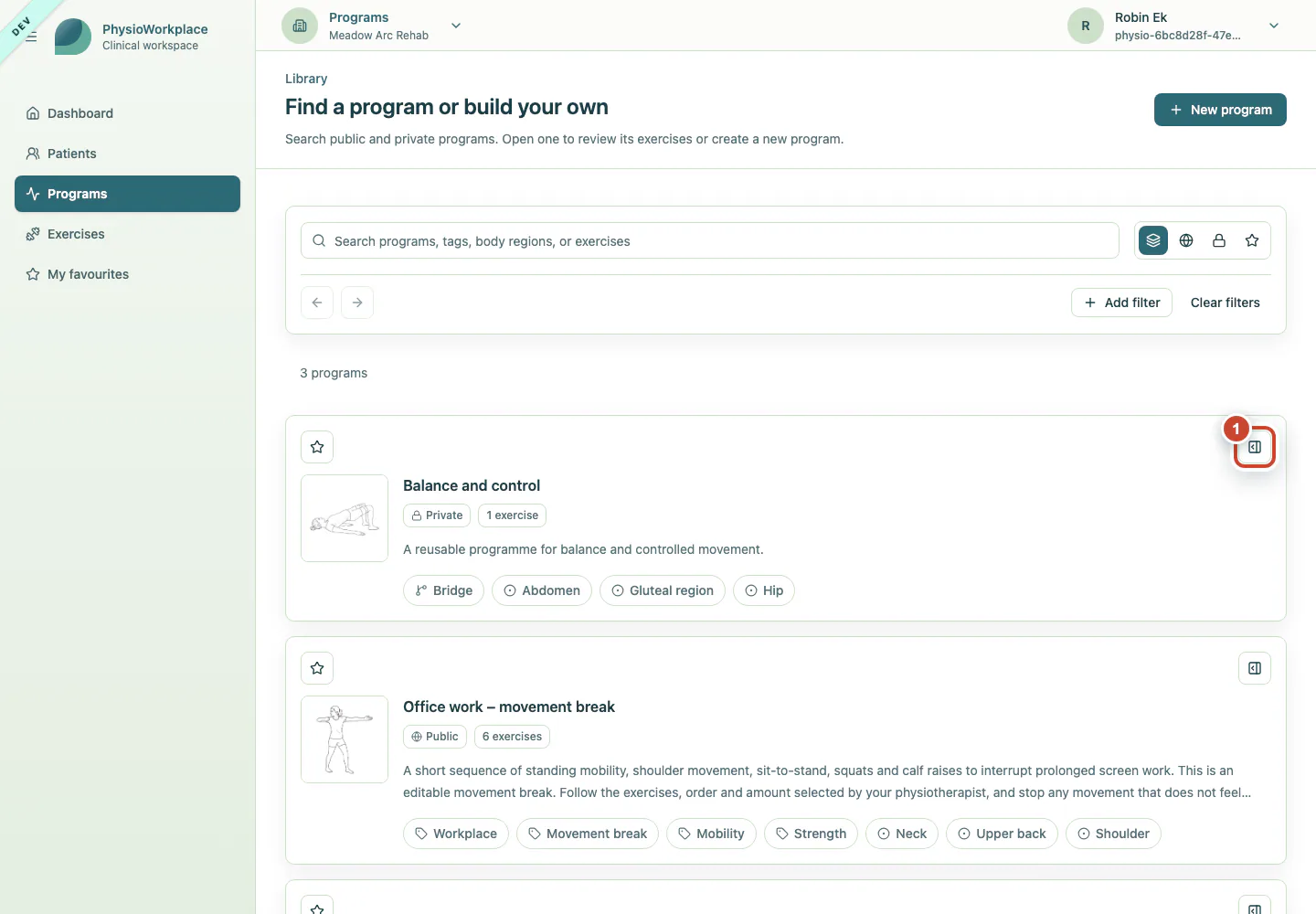 Programme library with the button for opening the owned template highlighted.