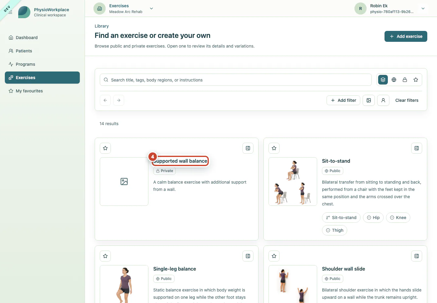Exercise library with the updated exercise title highlighted.