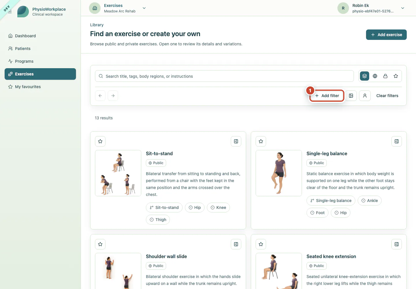 Exercise library with the Add filter button highlighted.