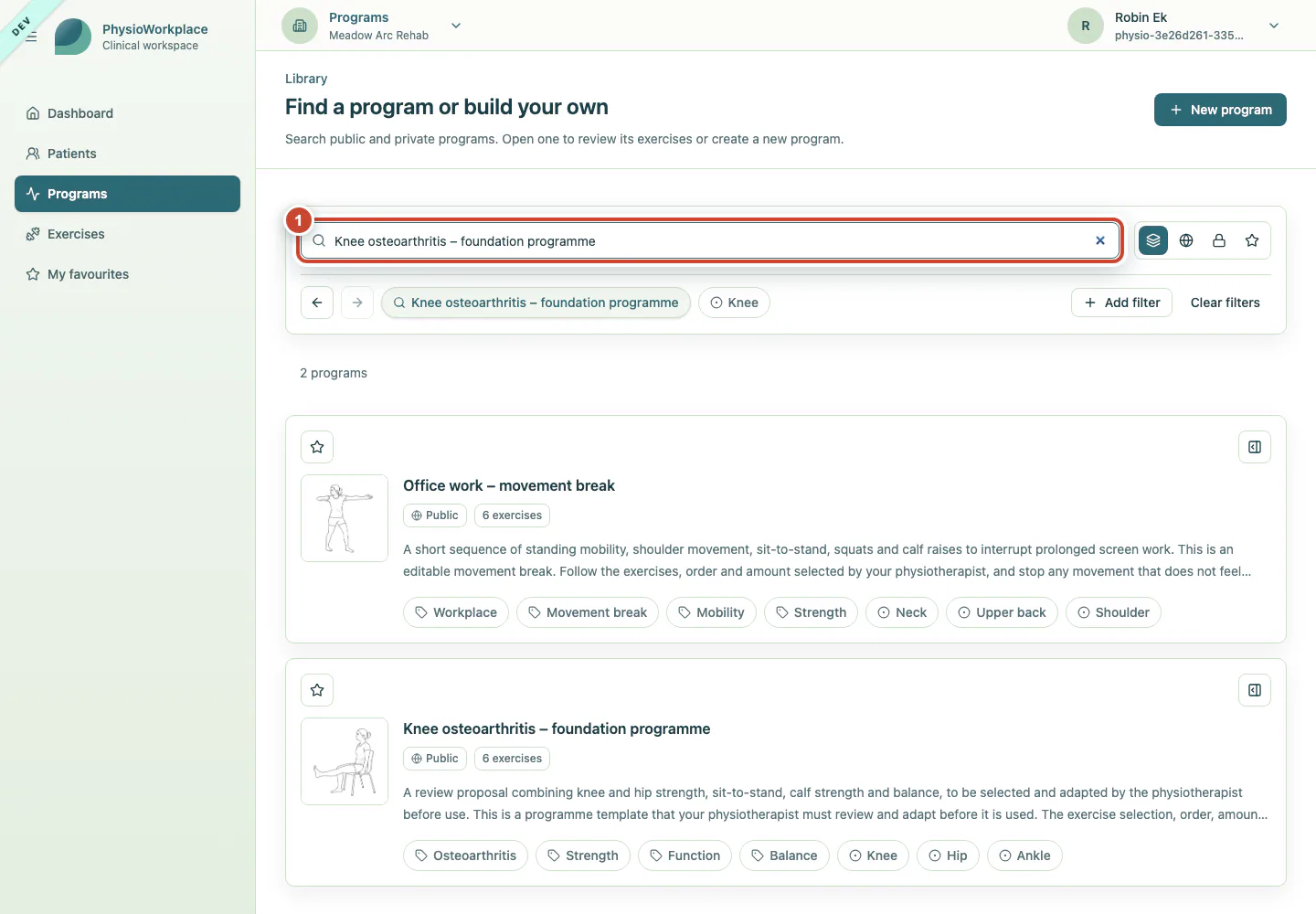 Programme library with a title entered in the search field.