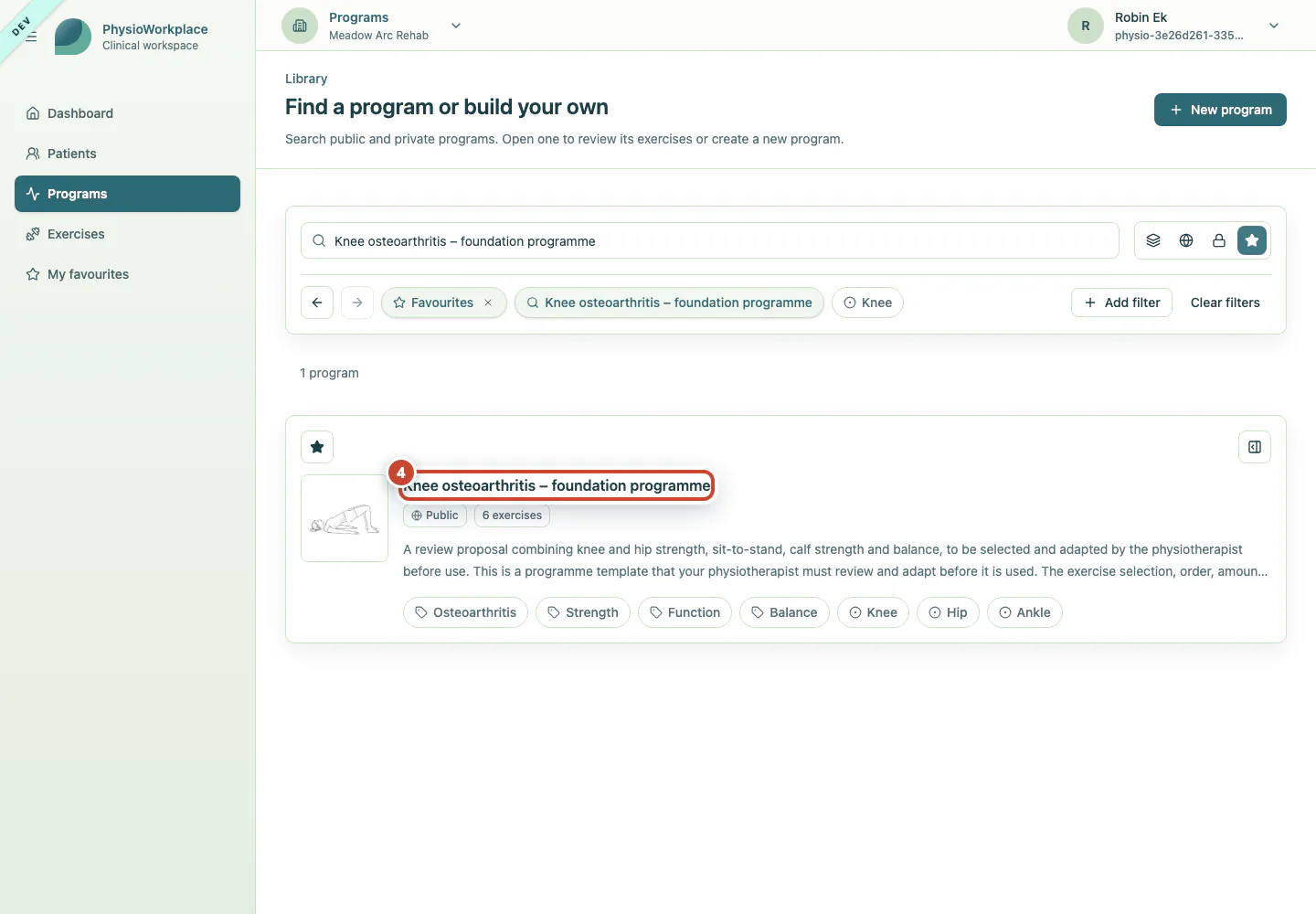 Favourite programme template in the filtered results.